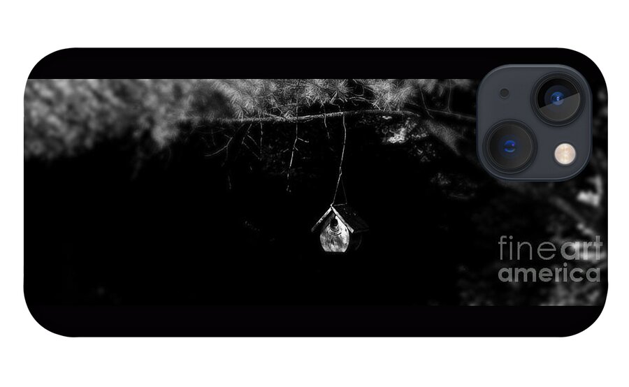Golden-hour Sunlight Forest Woods Trees Branches Birdhouse Blackandwhite Art Photography Outdoors Cabin Relax Respite Horizontal Panoramic Light Sunlight Hangingbirdhouse Frank J Casella iPhone 13 Case featuring the photograph Forest Retreat by Frank J Casella