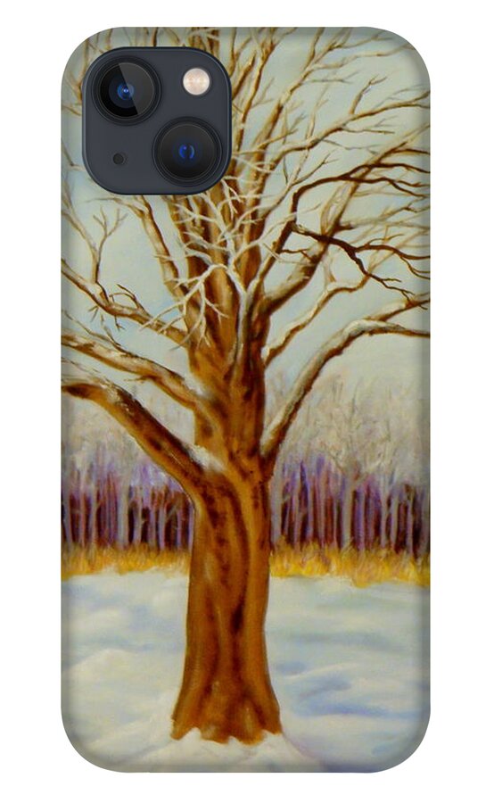 Tree Forest Oak Branches Grasses Frost Clouds Sky Snow Shadow Light Brown Yellow Blue Purple White iPhone 13 Case featuring the painting Frosty Morning by Ida Eriksen