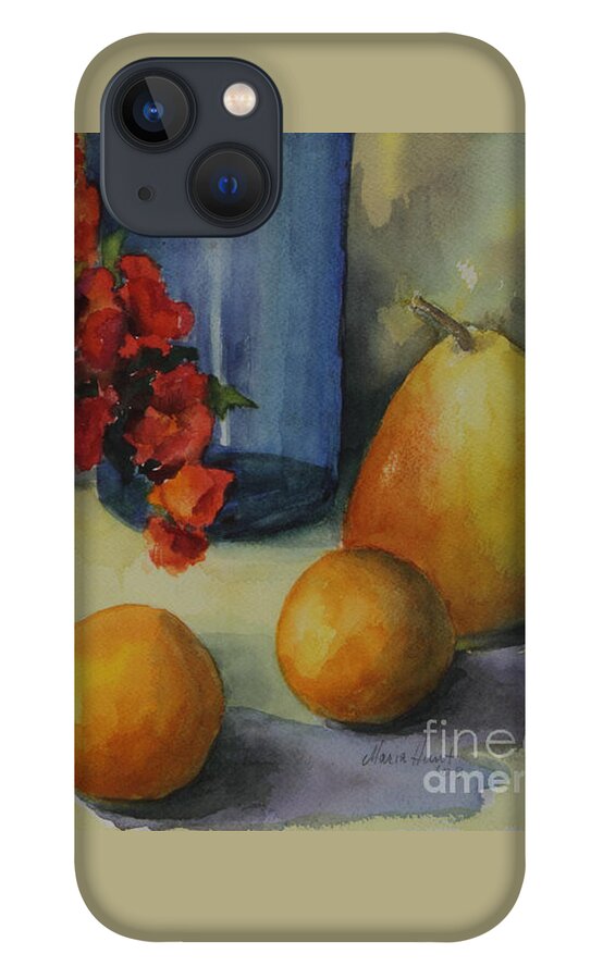 Pewter Vase iPhone 13 Case featuring the photograph Geraniums with Pear and Oranges by Maria Hunt