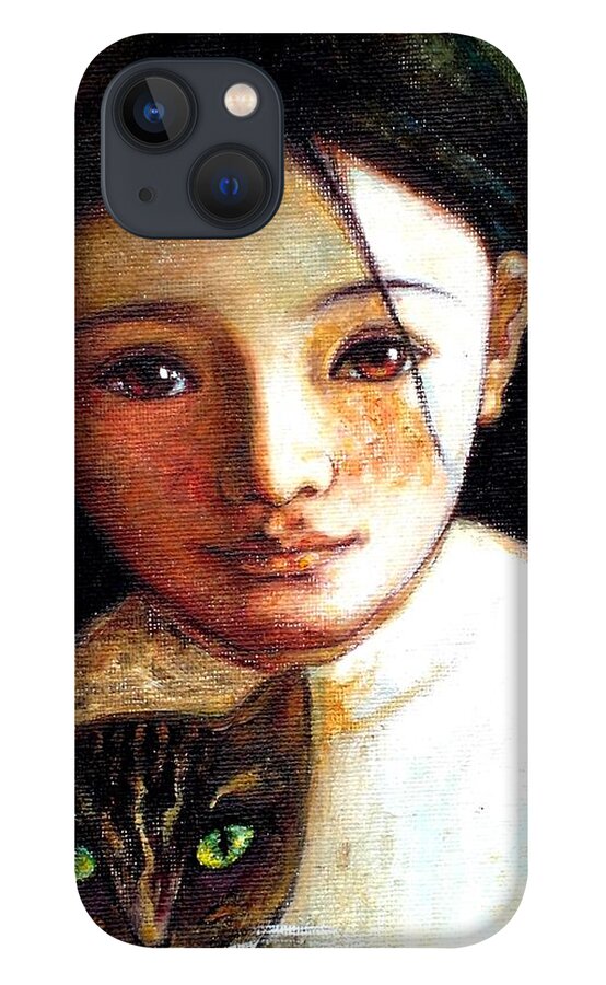 Portrait iPhone 13 Case featuring the painting Girl with Cat by Shijun Munns