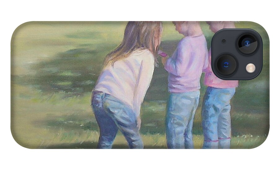 Children iPhone 13 Case featuring the painting Girls texting by Susan Bradbury