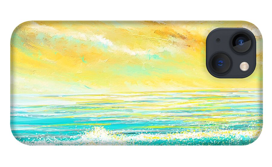 Turquoise iPhone 13 Case featuring the painting Glowing Waves - Seascapes Sunset Abstract by Lourry Legarde