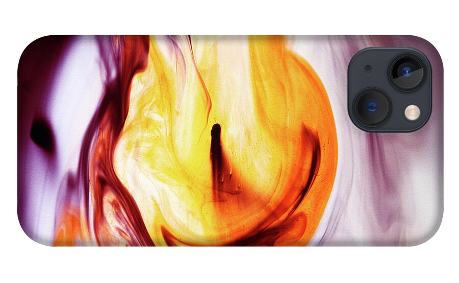 Orange Color iPhone 13 Case featuring the photograph Gold And Purple Dyes In Liquid by Mimi Haddon