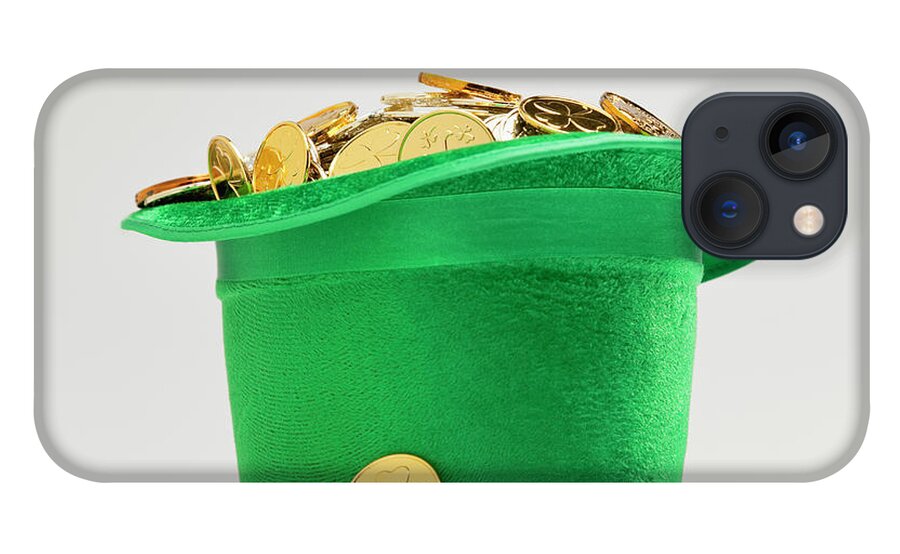 Coin iPhone 13 Case featuring the photograph Green Hat Filled With Golden Coins by Vstock Llc