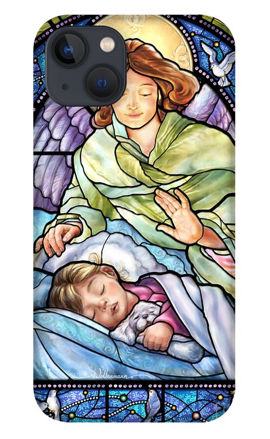 Stained iPhone 13 Case featuring the digital art Guardian Angel With Sleeping Girl by Randy Wollenmann