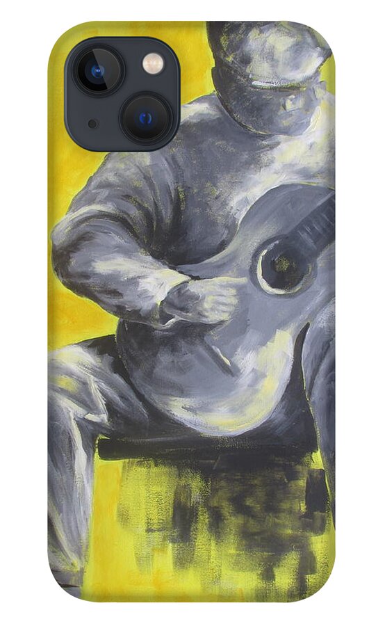 Guitar Man iPhone 13 Case featuring the painting Guitar Man in Shades of Grey by Susan Richardson