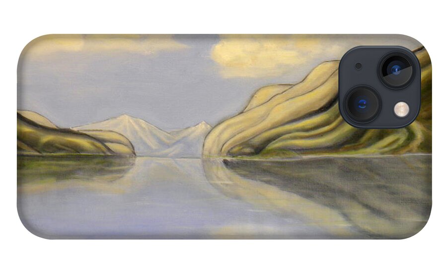 Blue White Orange Yellow Green Brown Black Grey Light Shadow Reflection Water Inlet Clouds Mountains Snow Sky iPhone 13 Case featuring the painting Inlet Mirror by Ida Eriksen