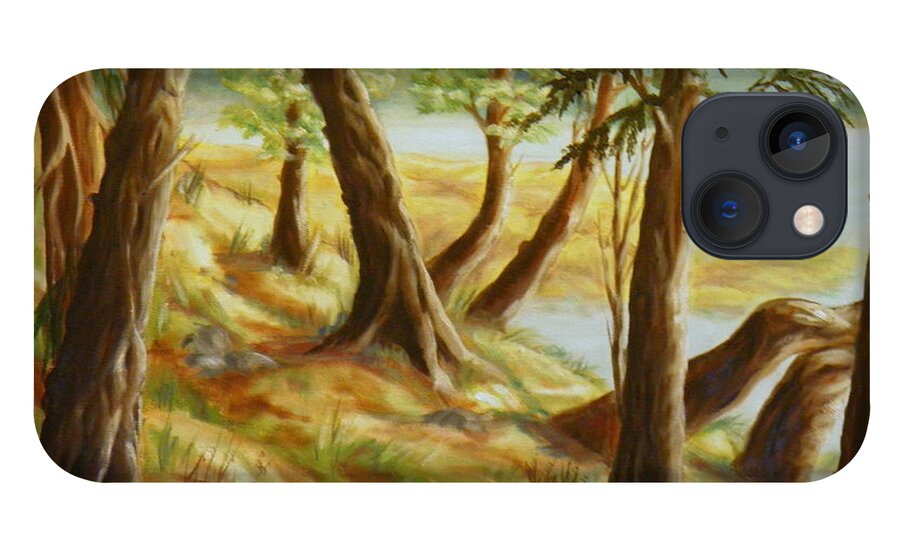Trees Water Mountains Clouds Grass Branches Soil Ground Hill Bog Reeds Leaves Fir Cedar Rocks Trunks Path Sunlight Shadow Green Yellow Blue Orange Brown White Nature Landscape Sea Inlet iPhone 13 Case featuring the painting Interlude by Ida Eriksen
