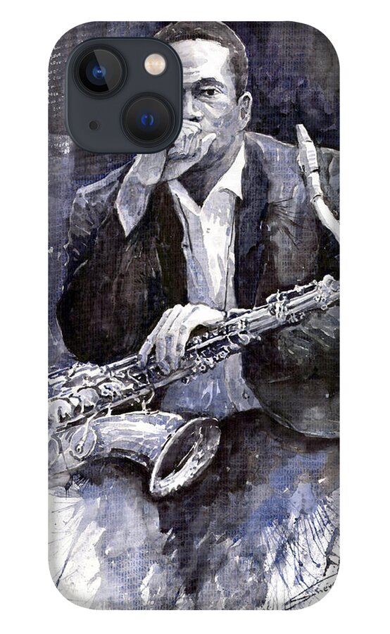 Jazz iPhone 13 Case featuring the painting Jazz Saxophonist John Coltrane black by Yuriy Shevchuk