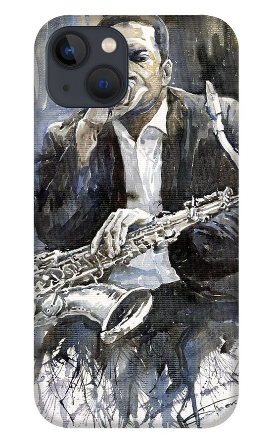 Jazz iPhone 13 Case featuring the painting Jazz Saxophonist John Coltrane yellow by Yuriy Shevchuk