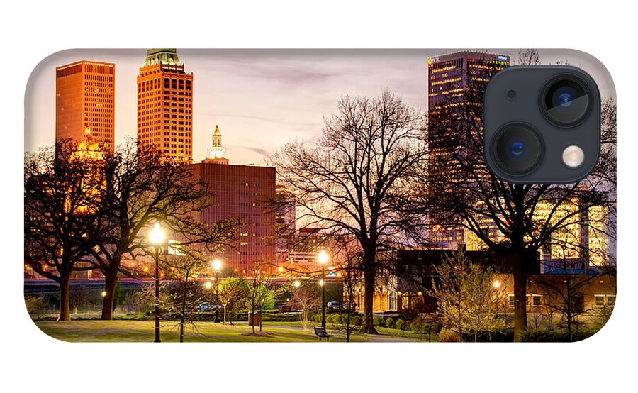Veterans Park iPhone 13 Case featuring the photograph Lighted Walkway to the Tulsa Oklahoma Skyline by Gregory Ballos