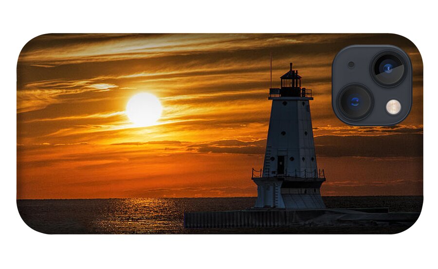 Art iPhone 13 Case featuring the photograph Ludington Pier Lighthead at Sunset by Randall Nyhof