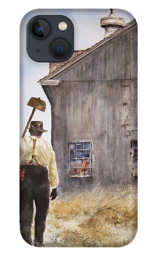 A Man Shoulders His Garden Hoe As He Walks Past His Weathered Barn. iPhone 13 Case featuring the painting Lunch Hour by Monte Toon