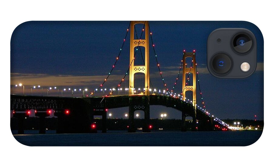 Michigan iPhone 13 Case featuring the photograph Mackinac Bridge at dusk by Keith Stokes