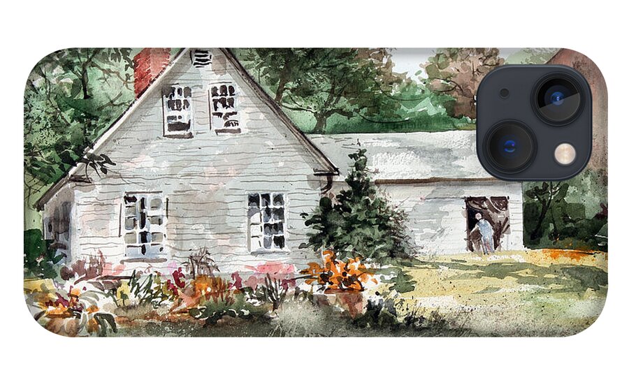 A Front Lawn Filled With Summer Flowers Decorate This Beautiful Home In Maine. iPhone 13 Case featuring the painting Maine Sunshine by Monte Toon