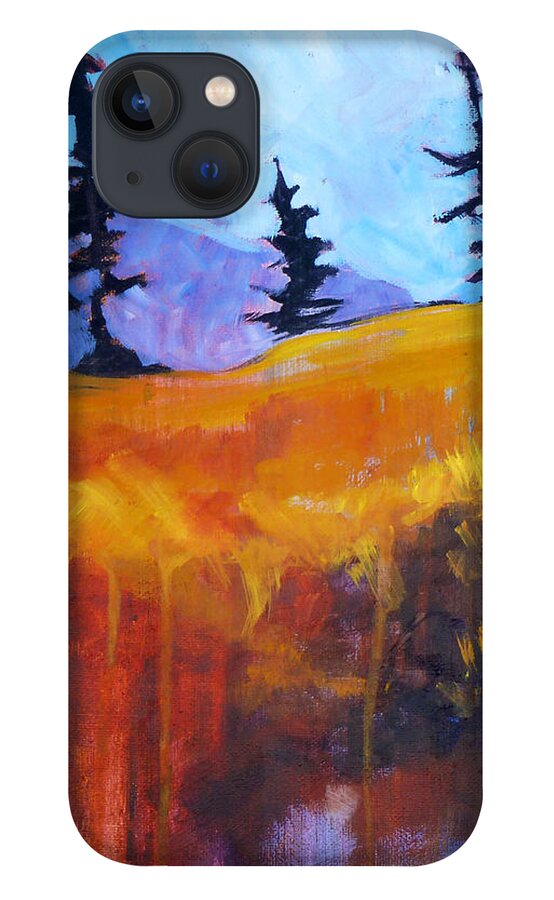 Abstract iPhone 13 Case featuring the painting Meadow Mountain by Nancy Merkle