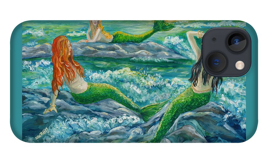 Mermaid iPhone 13 Case featuring the painting Mermaids on the Rocks by Julie Brugh Riffey