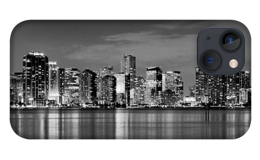 Miami iPhone 13 Case featuring the photograph Miami Skyline at Dusk Black and White BW Panorama by Jon Holiday