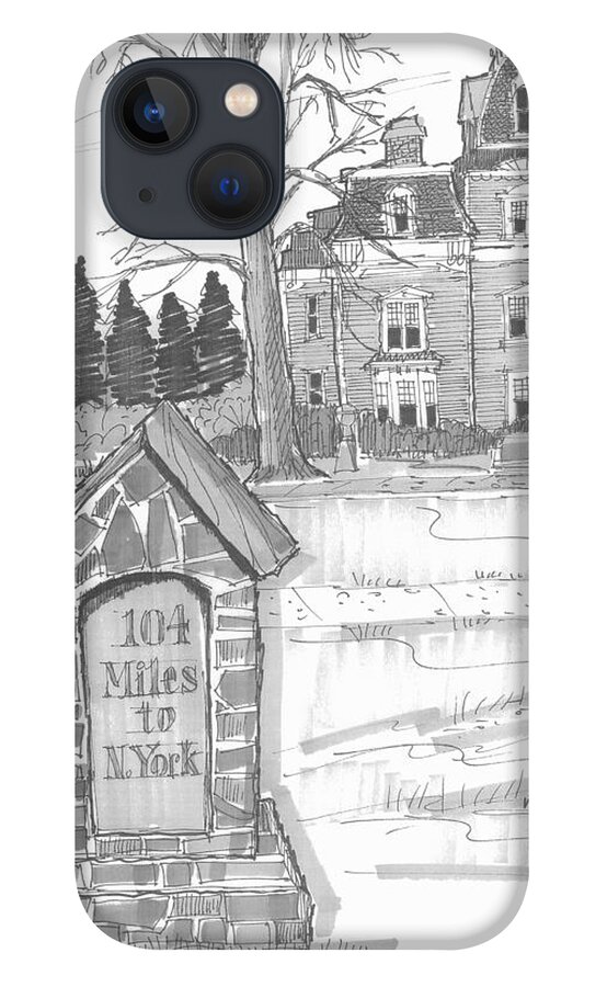 Sketch iPhone 13 Case featuring the drawing Mile Marker and Victorian by Richard Wambach