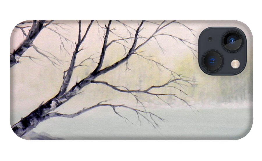 River Mist Morning Snow Trees Forest Cottonwoods Branches Fir Sky Yellow Green Blue White Grey Black Sun Clouds Light Shadow iPhone 13 Case featuring the painting Misty River by Ida Eriksen