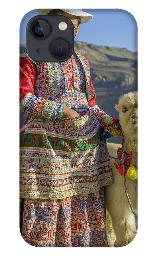 Baby iPhone 13 Case featuring the photograph Native Peruvian woman with baby alpaca by Patricia Hofmeester