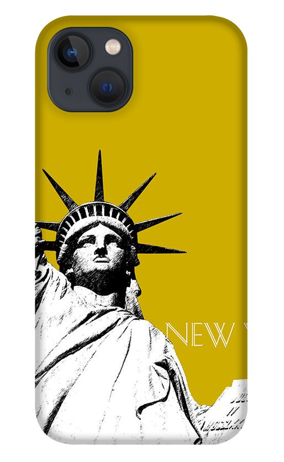 Architecture iPhone 13 Case featuring the digital art New York Skyline Statue of Liberty - Gold by DB Artist