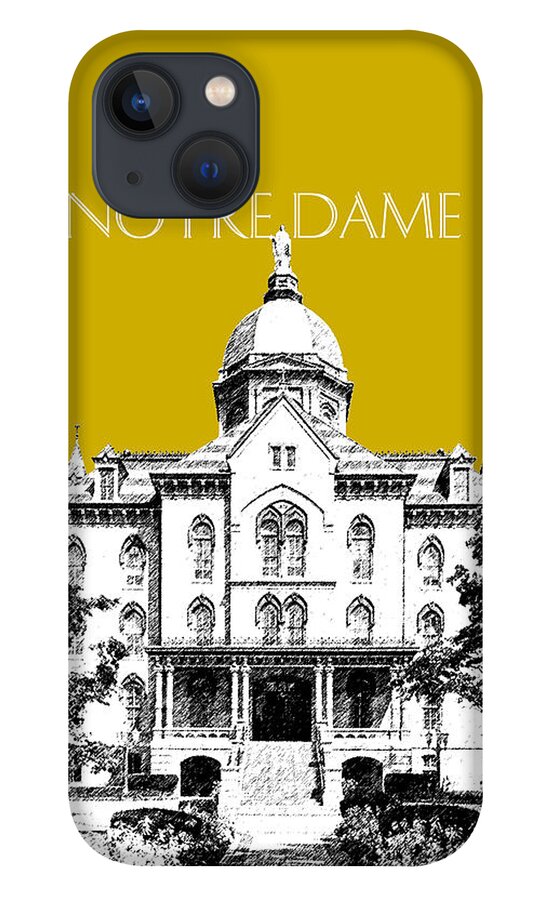 Architecture iPhone 13 Case featuring the digital art Notre Dame University Skyline Main Building - Gold by DB Artist