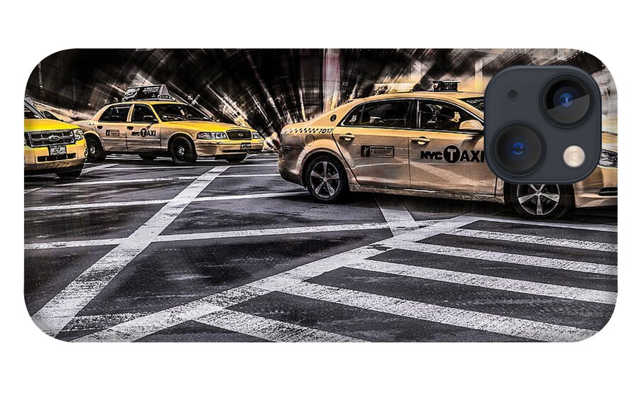 5th iPhone 13 Case featuring the photograph NYC Yellow Cab on 5th Street - white by Hannes Cmarits