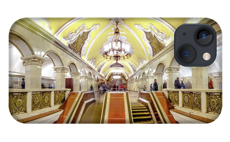 Arch iPhone 13 Case featuring the photograph Panoramic View - Moscow Metro Escalator by Mordolff