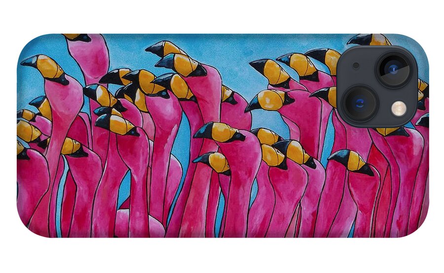 Flamingos iPhone 13 Case featuring the painting Peace Love And Flamingos by Patti Schermerhorn