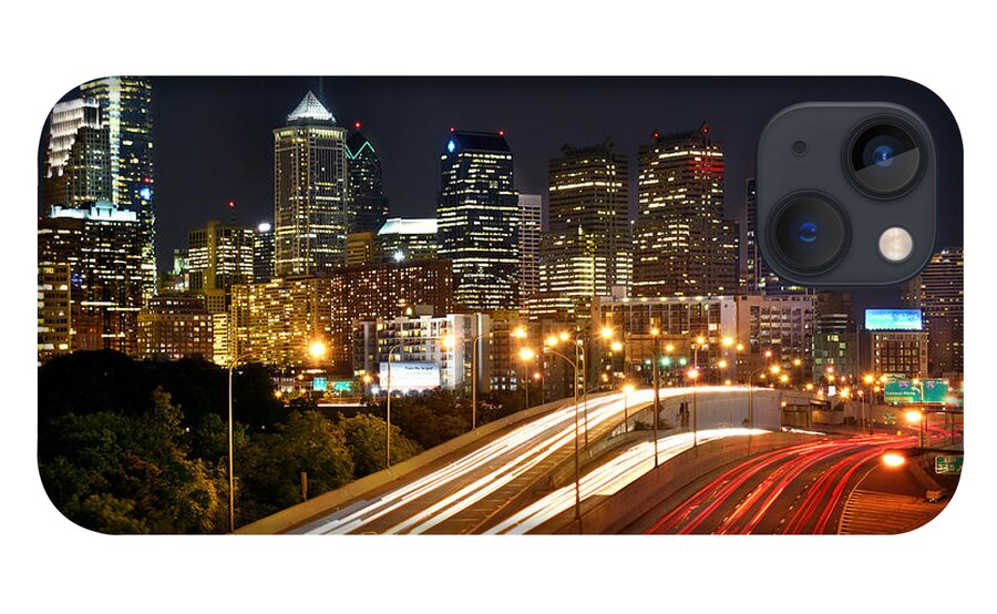 Philadelphia Skyline At Night iPhone 13 Case featuring the photograph Philadelphia Skyline at Night in Color car light trails by Jon Holiday