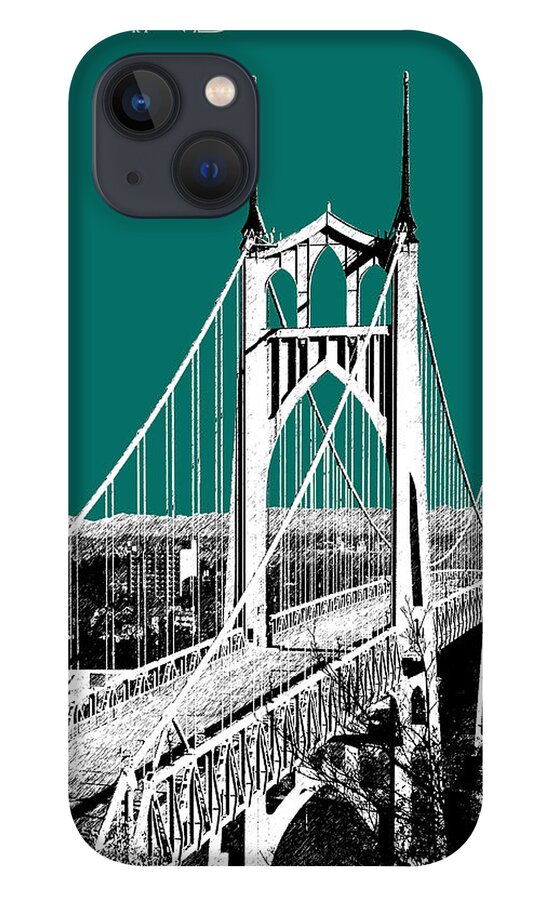 Architecture iPhone 13 Case featuring the digital art Portland Skyline St. Johns Bridge - Sea Green by DB Artist