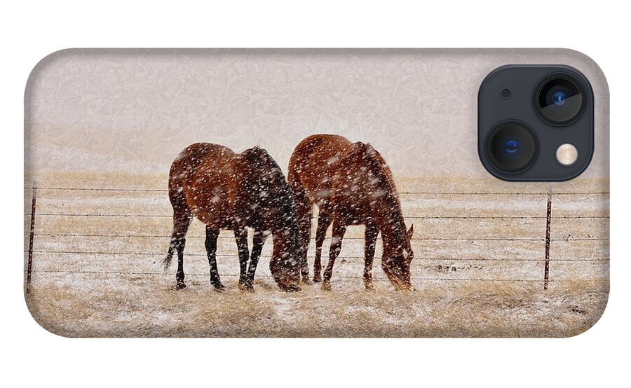 Brown Horses iPhone 13 Case featuring the photograph Ranch Horses in Snow by Kae Cheatham