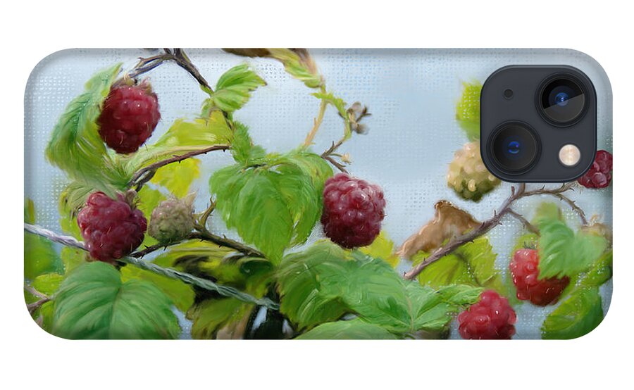 Agriculture iPhone 13 Case featuring the digital art Raspberries on a fence by Debra Baldwin