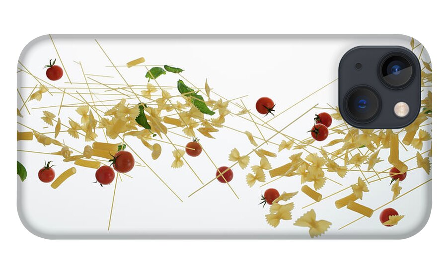 White Background iPhone 13 Case featuring the photograph Raw Pasta, Tomatoes, And Basil Against by Dual Dual