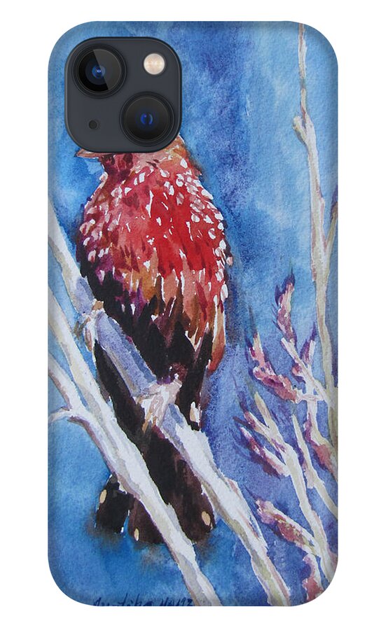 Bird iPhone 13 Case featuring the painting The Red Bird with pink flowers by Jyotika Shroff