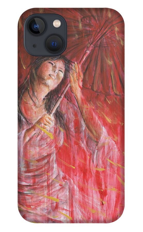 Red iPhone 13 Case featuring the painting Red Geisha Rain Storm by Nik Helbig