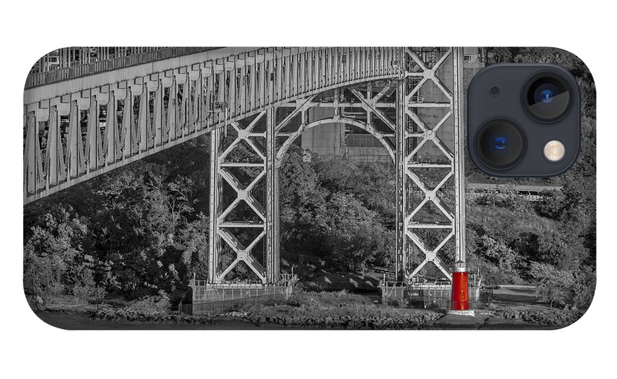 Autumn iPhone 13 Case featuring the photograph Red Lighthouse And Great Gray Bridge BW by Susan Candelario