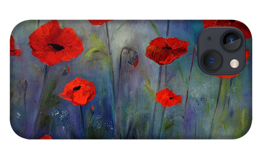 Red iPhone 13 Case featuring the painting Red Poppies Blue Fog by Claire Bull
