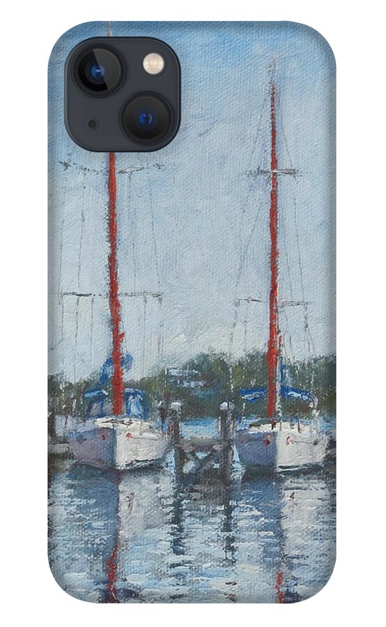 Red Sails iPhone 13 Case featuring the painting Red Sails Under Gray Sky by Ritchie Eyma