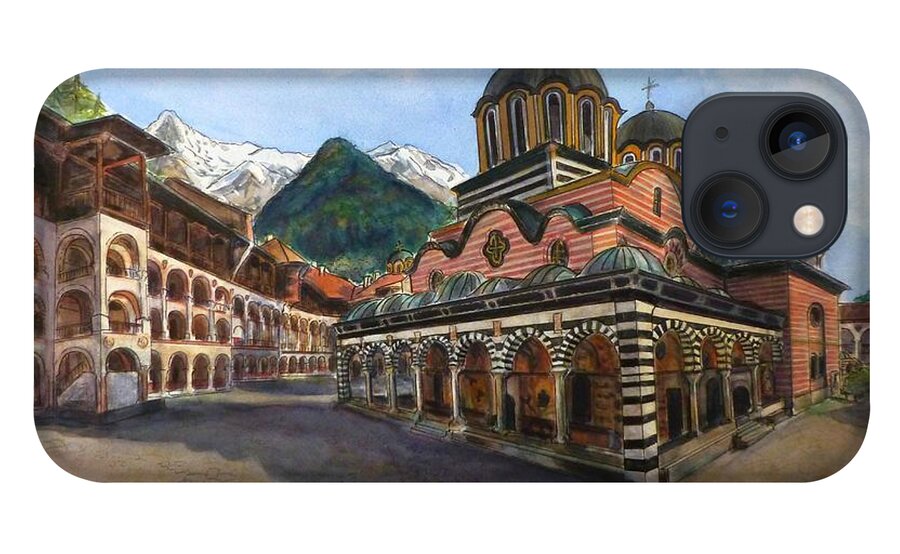 Rila Monastery iPhone 13 Case featuring the painting Rila Monastery Bulgaria by Henrieta Maneva