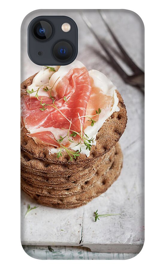 Cheese iPhone 13 Case featuring the photograph Round Crispbreads, Cream Cheese, Cooked by Westend61