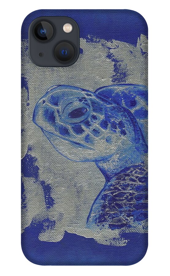 Blue iPhone 13 Case featuring the painting Sea turtle by Konni Jensen