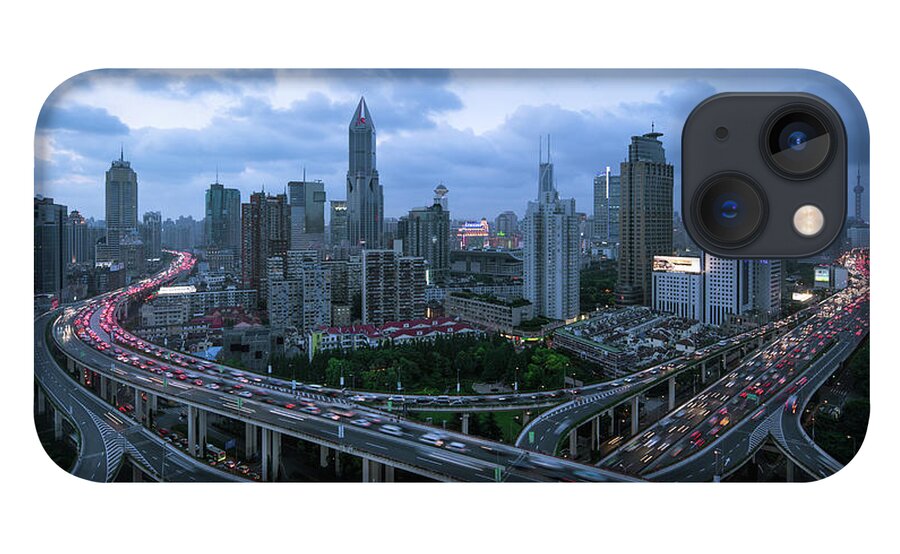 Forked Road iPhone 13 Case featuring the photograph Shanghai Skyline With Roads And Traffic by Spreephoto.de