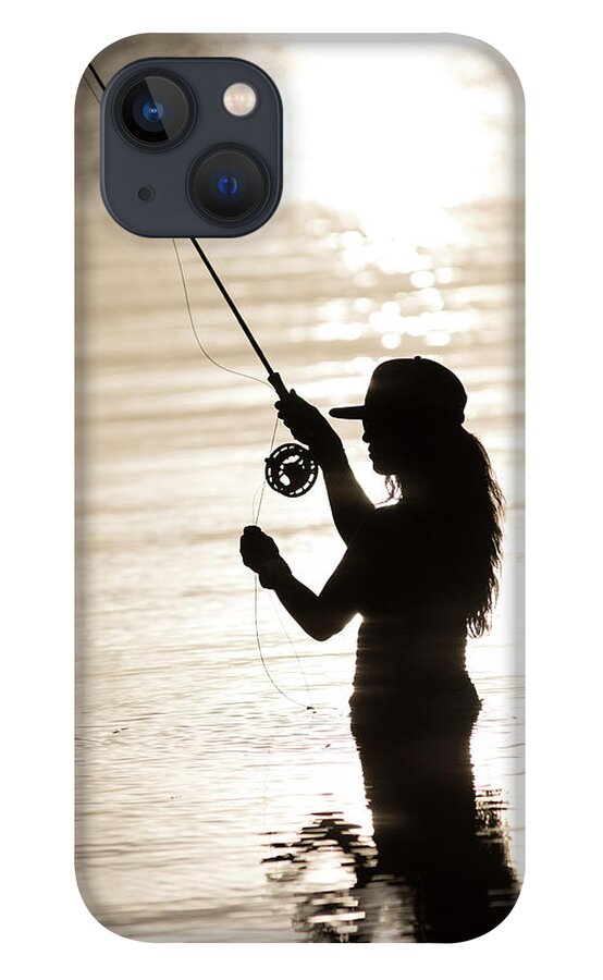 Silhouette Of Woman Fly-fishing iPhone 13 Case by Chris Ross - Pixels Merch