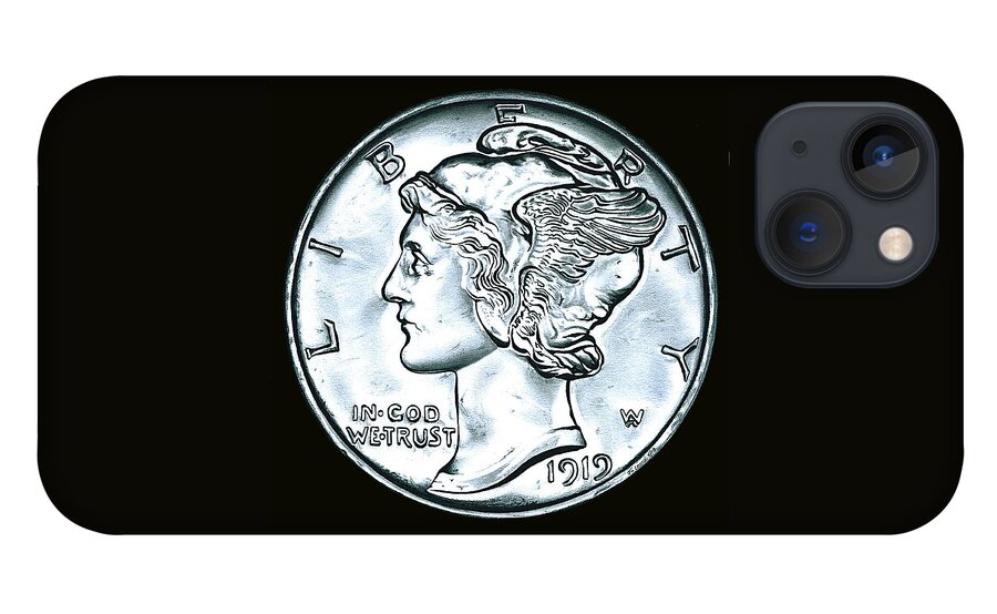 Coin iPhone 13 Case featuring the drawing Black Silver Mercury Dime by Fred Larucci
