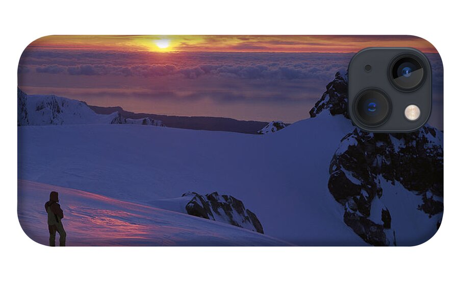 Feb0514 iPhone 13 Case featuring the photograph Skier And Sunsert On Franz Josef Glacier by Colin Monteath