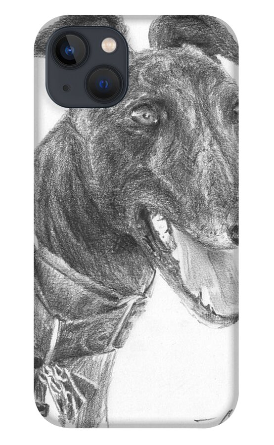 <a Href=http://miketheuer.com Target =_blank>www.miketheuer.com</a> Smiling Greyhound Pencil Portrait iPhone 13 Case featuring the drawing Smiling Greyhound Pencil Portrait by Mike Theuer