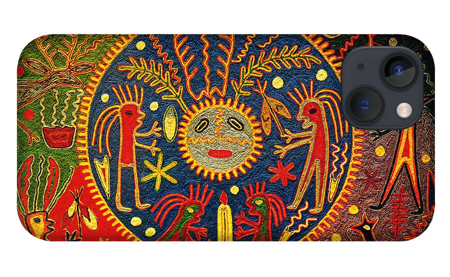 Huichol iPhone 13 Case featuring the digital art Southwest Huichol Del Sol by Vagabond Folk Art - Virginia Vivier