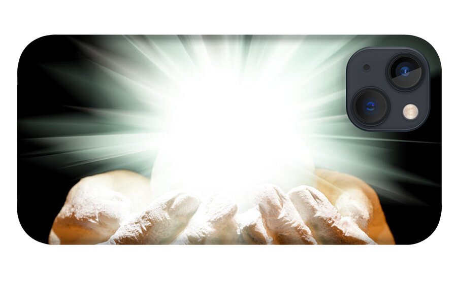 Spiritual iPhone 13 Case featuring the photograph Spiritual light in cupped hands on a black background by Simon Bratt